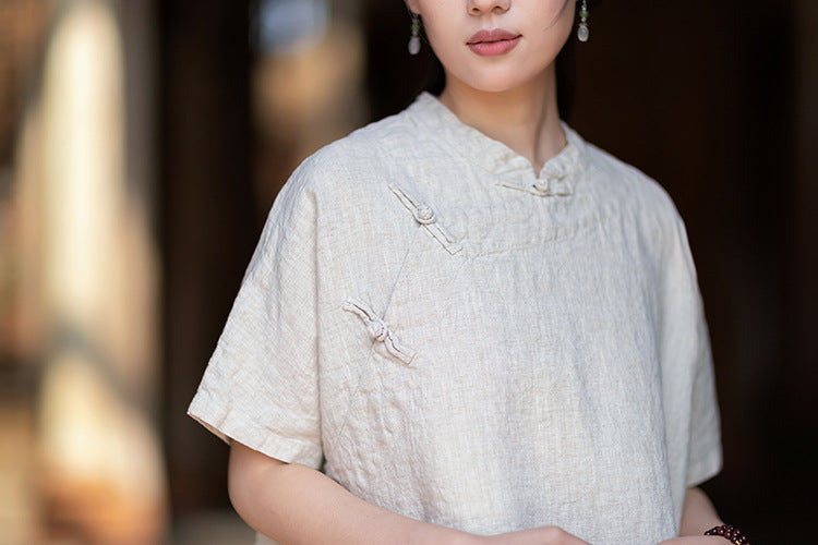 Women's Lightweight Linen Vintage-Style Summer Shirt, New Arrival: Zen-Inspired Stand-Up Collar with Button Closure 20260511