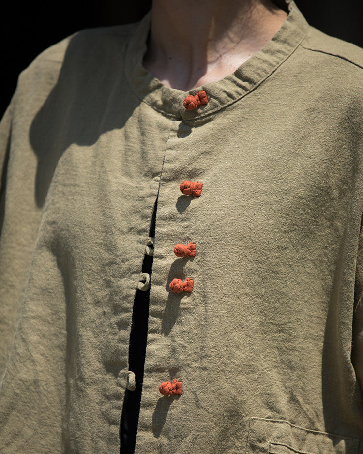 Summer cotton linen Chinese stand-up collar shirt, sandwashed frog button women's long-sleeved shirt 20240714