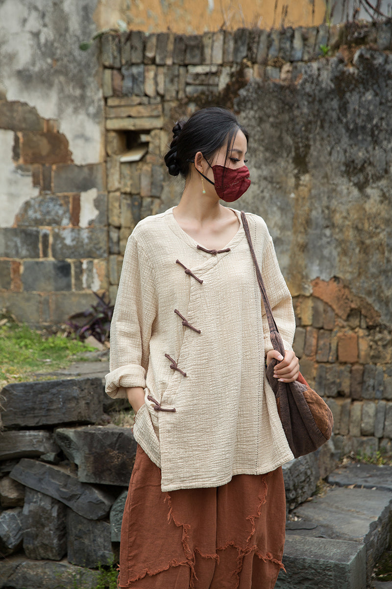 Vintage Summer Chinese Boat Collar Long Sleeve Shirt, Cotton  Linen Washed Frog Long T-Shirt 20250604