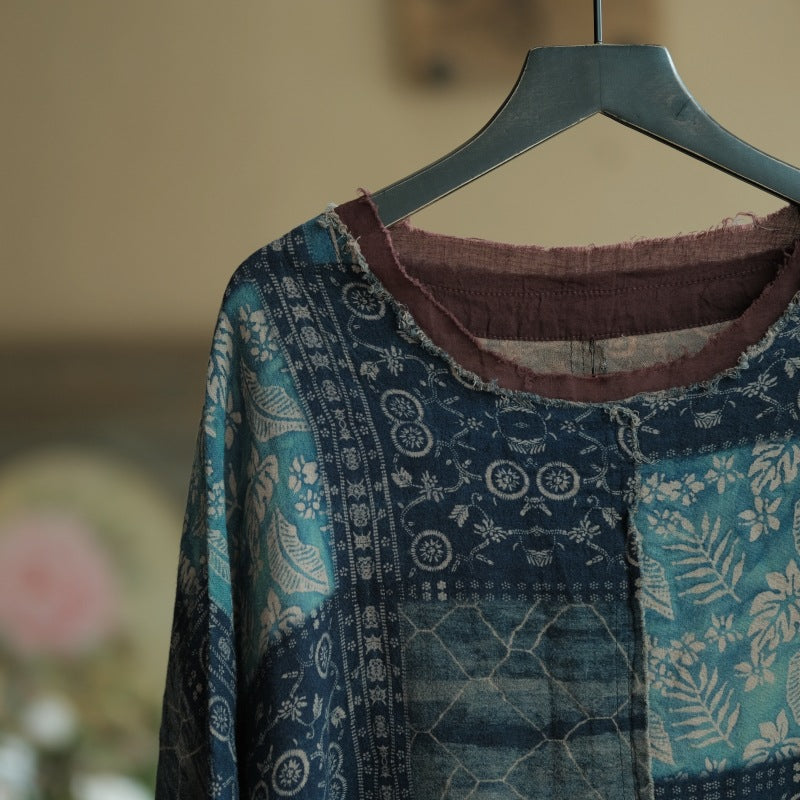 Vintage Literary Digital Printed Cotton Round Neck Raw Edge T-Shirt Top 240621