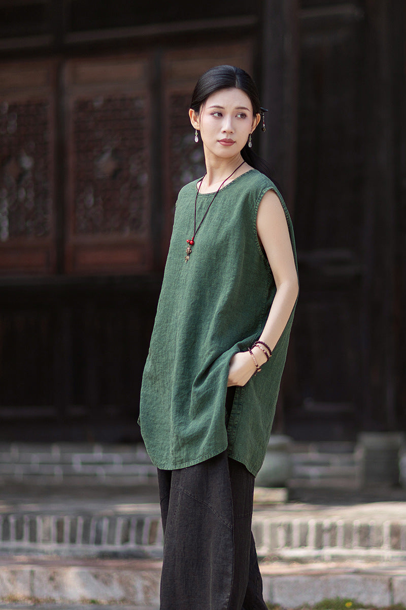 New Vintage-Style Ombré Distressed Versatile Lightweight Sleeveless Dress for Women: Round-Neck Linen Tank Dress 20260511