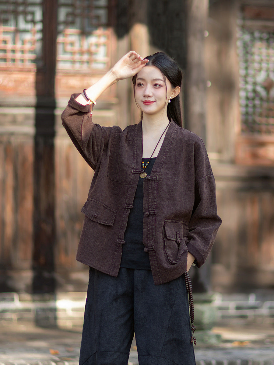 2026 Spring New Arrival: Vintage-inspired, distressed, sand-washed asymmetrical cardigan; niche-style patchwork V-neck cotton-linen jacket with button closures