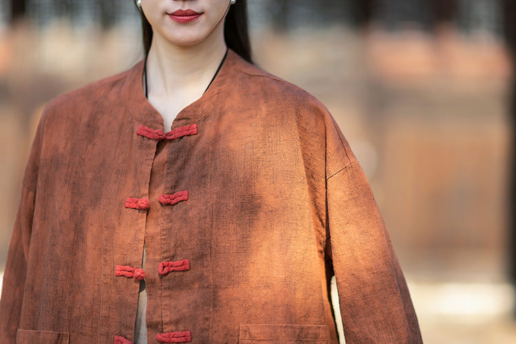 2026 Spring New Arrival: Vintage-inspired, distressed, sand-washed asymmetrical top; niche-style patchwork V-neck cotton-linen button-down cardigan