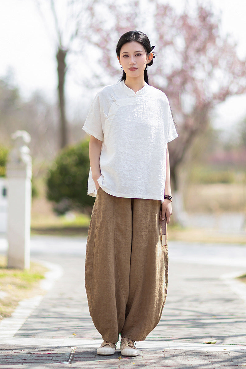 Women's Lightweight Linen Vintage-Style Summer Shirt, New Arrival: Zen-Inspired Stand-Up Collar with Button Closure 20260511