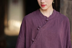 Women's Vintage Chinese Frog Button Long Sleeve Cotton Linen Shirt, Embroidery Standing Collar Splicing Irregular Loose Blouse 20240920