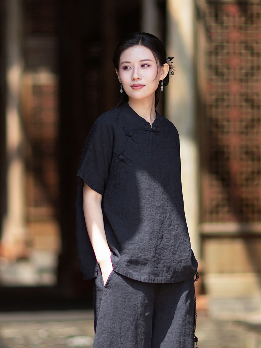 Women's Lightweight Linen Vintage-Style Summer Shirt, New Arrival: Zen-Inspired Stand-Up Collar with Button Closure 20260511