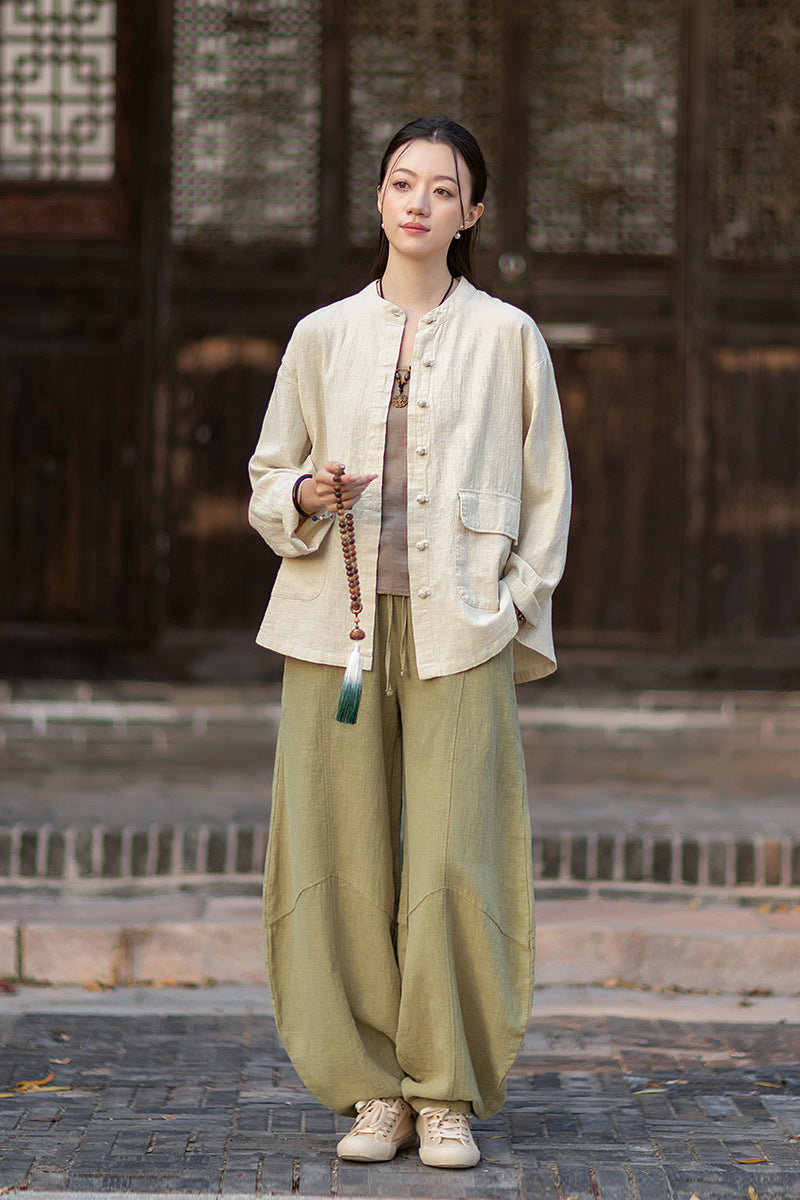 2026 Spring New Arrival: Boho-Retro Stand-Collar Distressed Double-Breasted Button-Down Cotton-Linen Blouse for Women