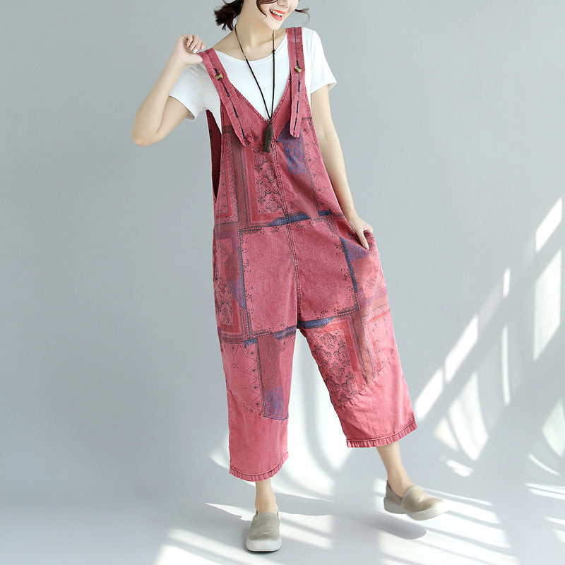 Embroidered floral cotton ankle overalls, women's denim overalls, stonewashed loose overalls