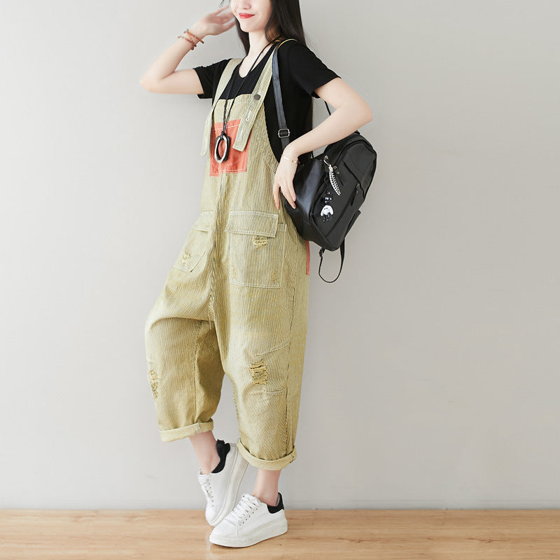 Cotton overalls, women's denim overalls, stonewashed loose overalls