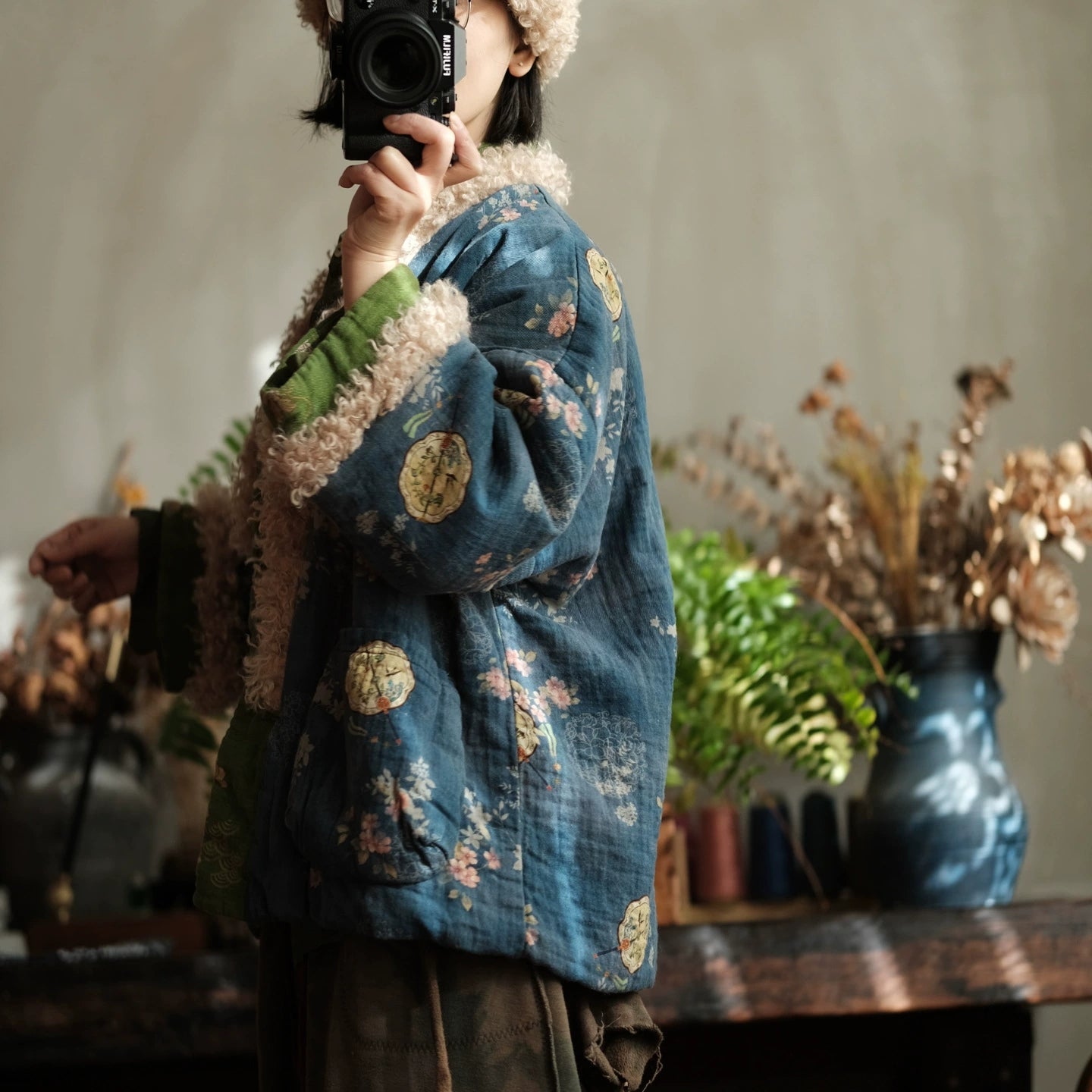 Retro Bohemian Shearling-Patchwork Cotton Jacket for Women Printed Oversized Cotton Coat,Vintage  Japanese kimono, Oversize Printed bamboo leaf Cotton  Linen Jacket