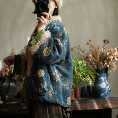 Retro Bohemian Shearling-Patchwork Cotton Jacket for Women Printed Oversized Cotton Coat,Vintage  Japanese kimono, Oversize Printed bamboo leaf Cotton  Linen Jacket