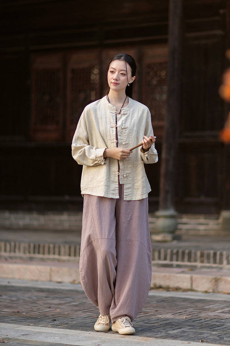 2026 New Arrival: Women's Long-Sleeve Cotton-Linen Blouse, Loose-Fit Chinese-Style Stand-Up Collar with Button-Down Front