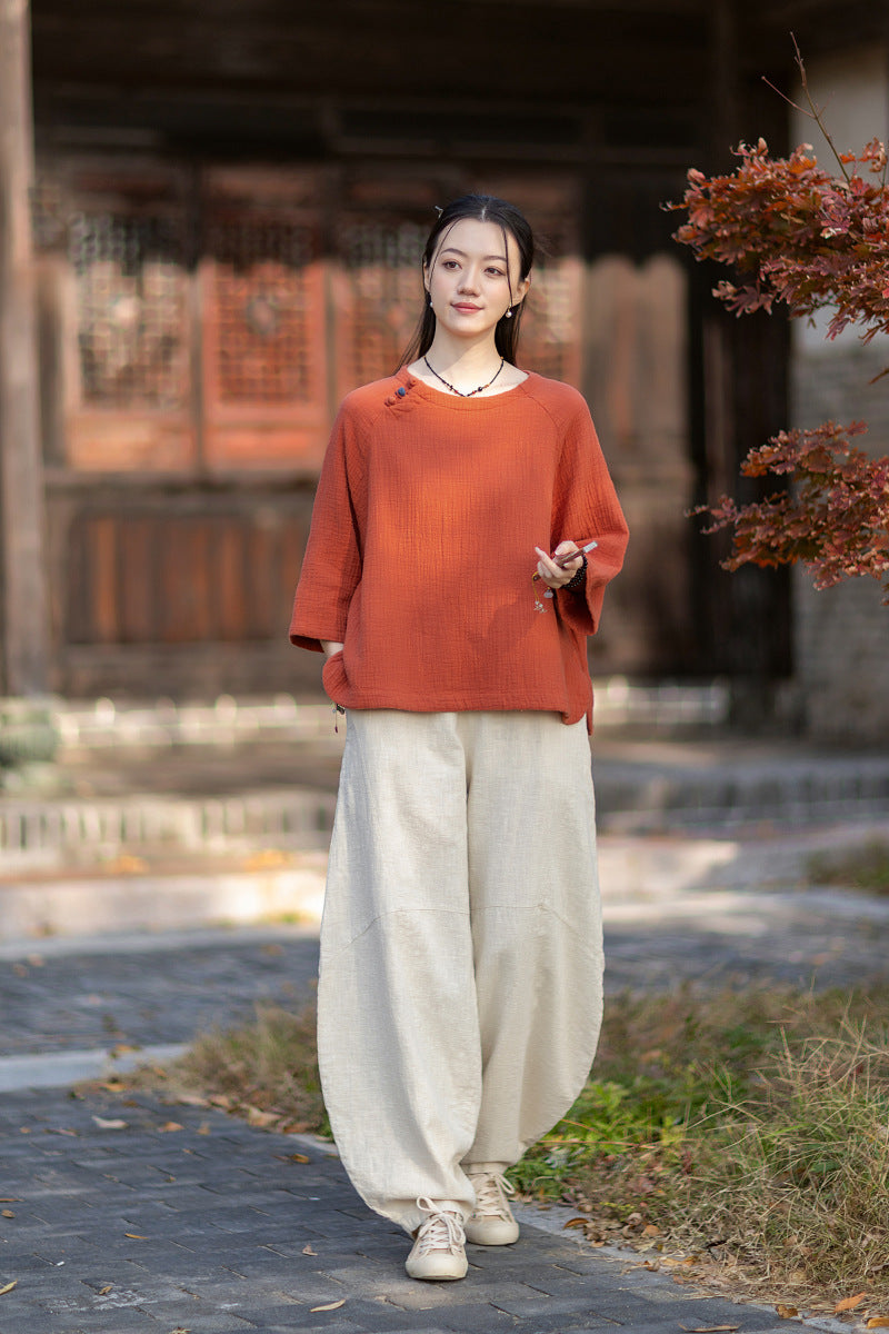 2026 Spring New Arrival: Retro-Chic Cotton-Linen Women's Round-Neck Color-Blocked Button-Down Blouse, Pullover T-Shirt