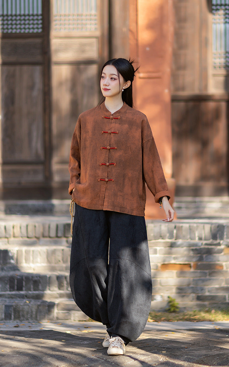 2026 Spring New Arrival: Chinese-Style Retro Double-Breasted Color-Blocked Button-Down Shirt, Women's Modernized Stand-Up Collar Ombre-Dye Tang-Style Cardigan