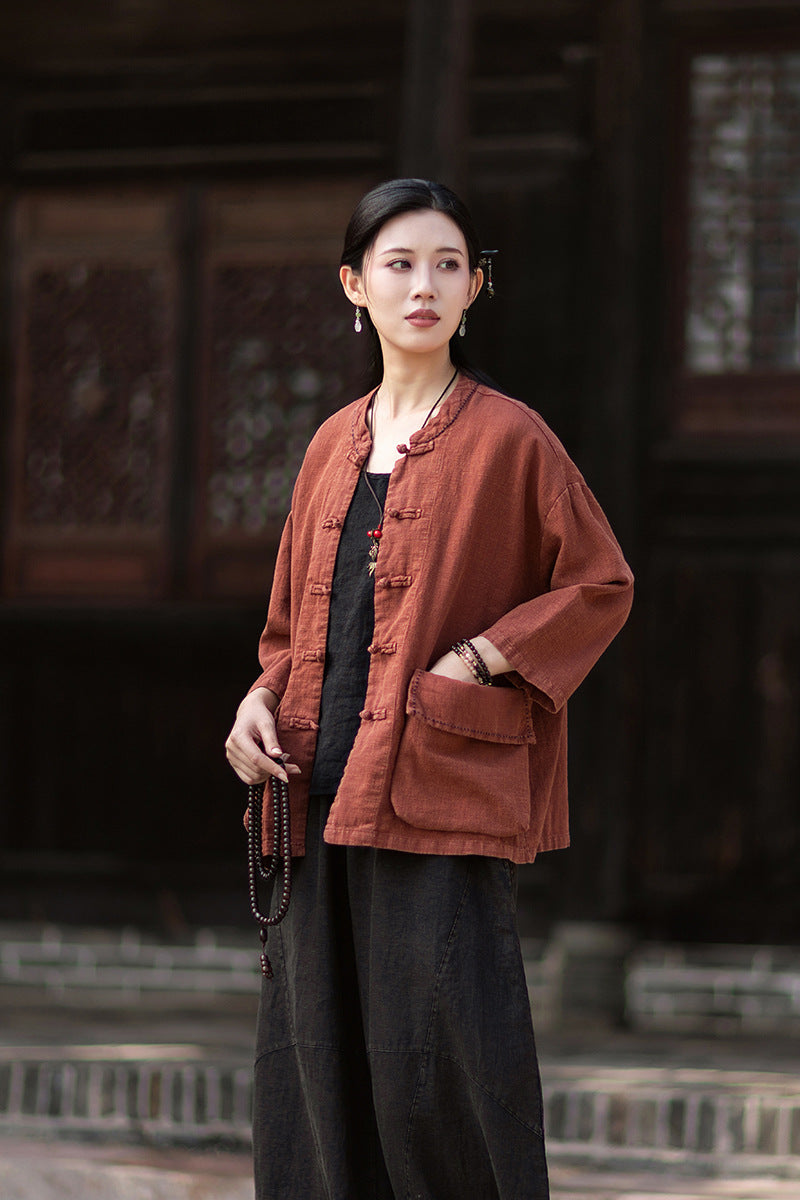 Summer New Arrival: Original Linen Hand-Knotted Button-Down Shirt with Large Pockets for Women – Vintage Distressed Jacket 20260511