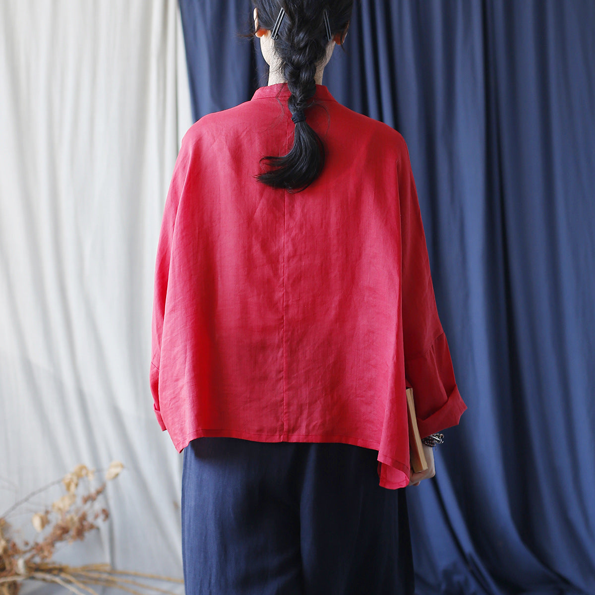 Summer Standing Collar Women Ramie Frog Button Shirt, Literary Retro Long Sleeve Loose Light Cardigan 20240802