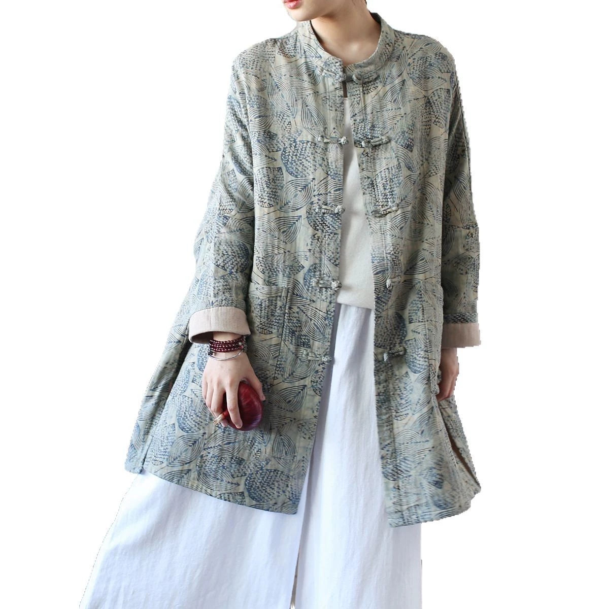 Chinese Standing Collar Loose Frog Button Shirt, Oversize Printed Cotton  Linen Jacket 20250408